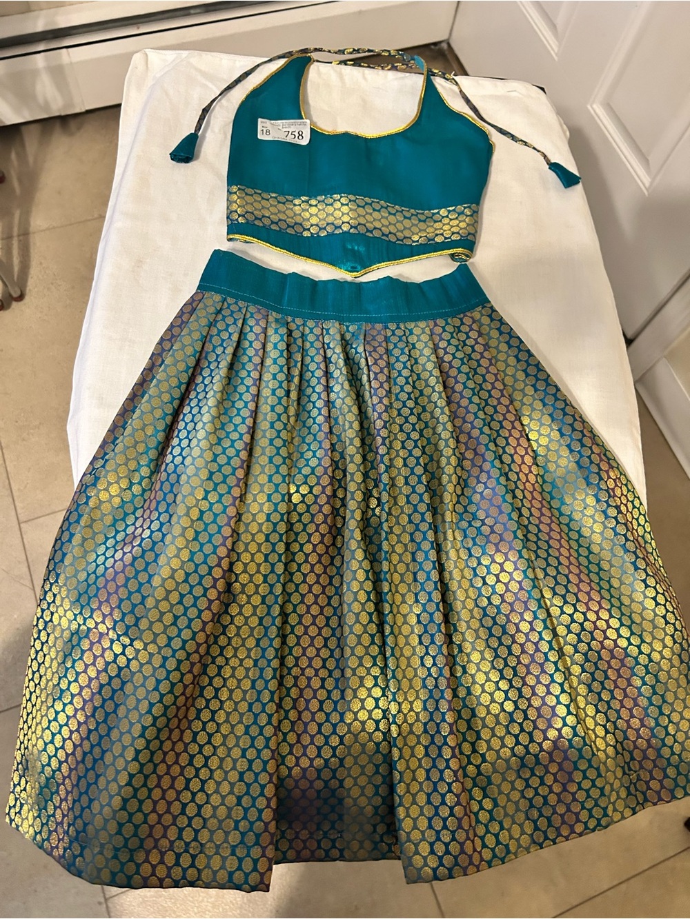 NWT Girls Teal Blue & Gold Banarasi Silk Lehenga Choli Set/Size 18/1-2 Year Old